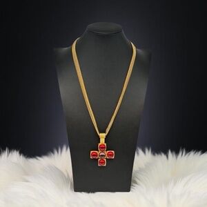Vintage Signed Capri Maltese Cross Pendant Necklace –  Red Glass Cabochons 24”